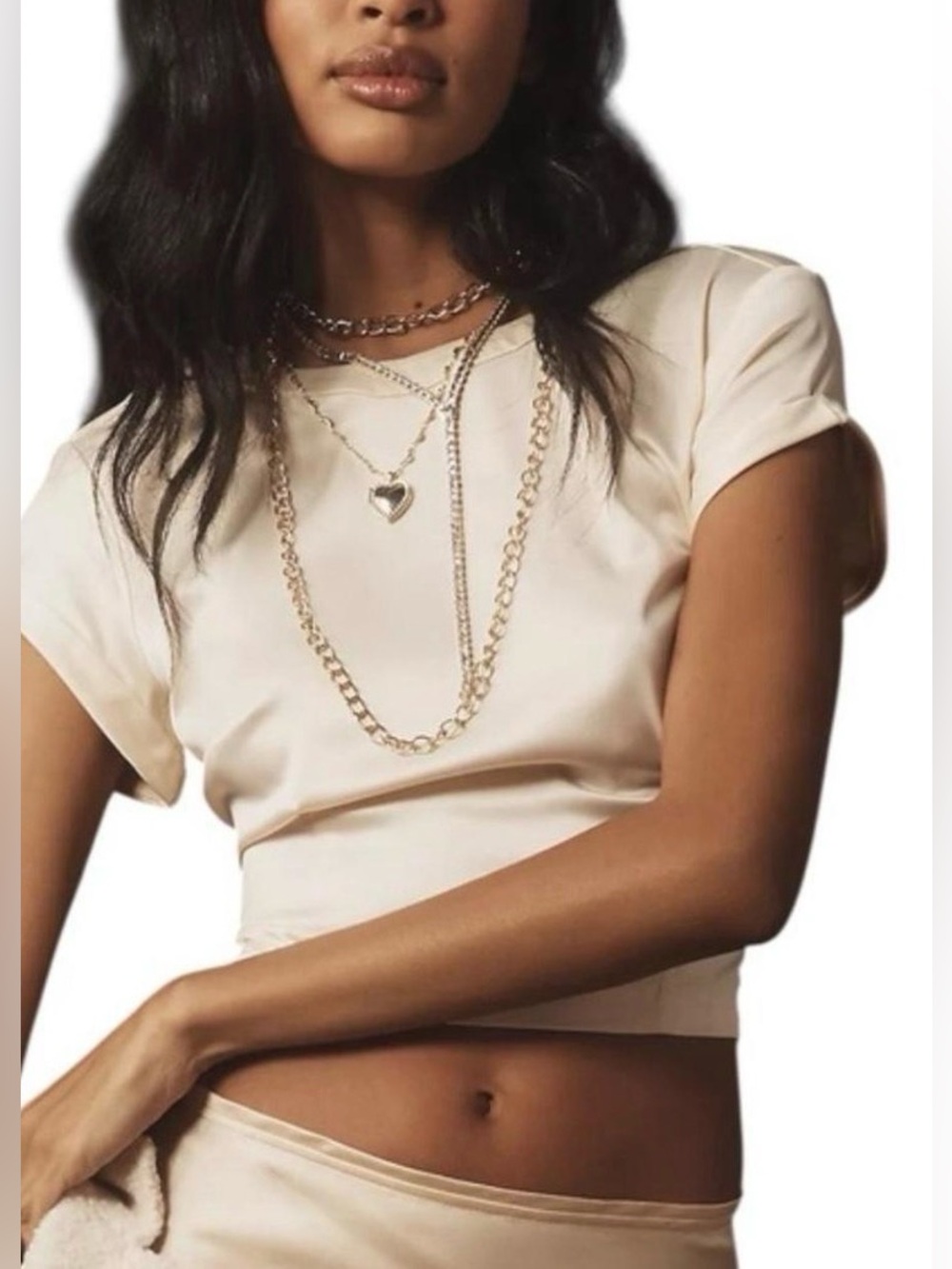 Anthropologie Satin Short Sleeve Cropped Top Champagne Cream Medium
